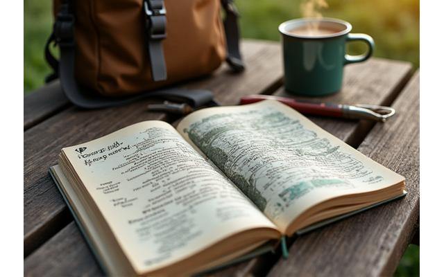 An open touring journal with sketched maps and written notes, next to a backpack and a cup of coffee.