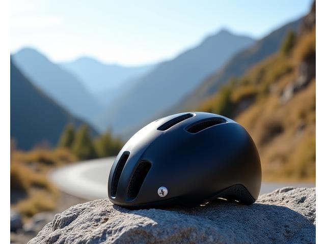 High-performance cycling helmet on a scenic mountain road, emphasizing safety.