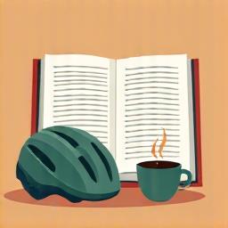 Open book with cycling helmet and coffee cup