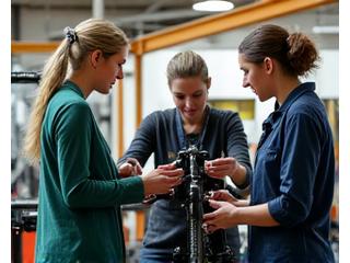 Woman leading a bike maintenance workshop for other women cyclists, demonstrating a repair.